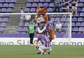 La mascota del Real Valladolid consuela a un abatido Raúl Moro.