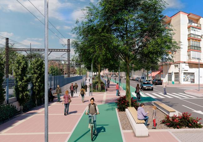 Recreación de la urbanización de la calle Salud en torno a la rampa del paso peatonal.