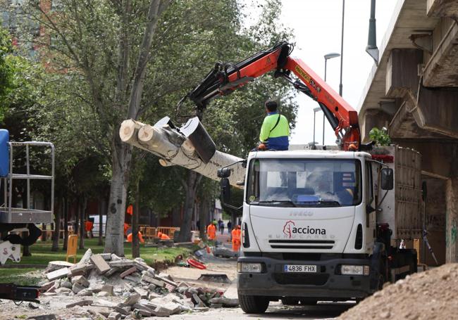 Los operarios retiran un árbol en la vía de servicio del lado de Delicias.