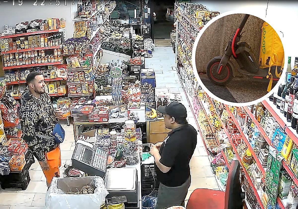 Imágenes captadas por las cámaras de seguridad del comercio en el momento en el que el ladrón (al fondo, tras el escaparate) se lleva el patinete (en detalle) de Jesús Ángel (en primer término a la izquierda mientras realizaba sus compras).