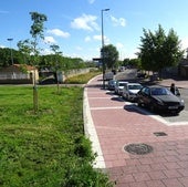 Tramo inicial de la calle Valle de Arán (desde el Esgueva) recién adoquinado, ya sin el arbolado, y jardines al lado en el que han respuesto algunos ejemplares fuera de la acera.