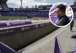 Imagen de las obras para retirar el foso del estadio en junio de 2019; en detalle, Ronaldo en el estadio.