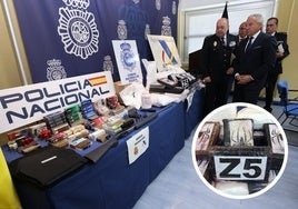 Armas y drogas intervenidas en la 'operación Churruca' y detalle de las marcas de la araña en los paquetes de cocaína y del lote (Z5) procedente de Galicia.