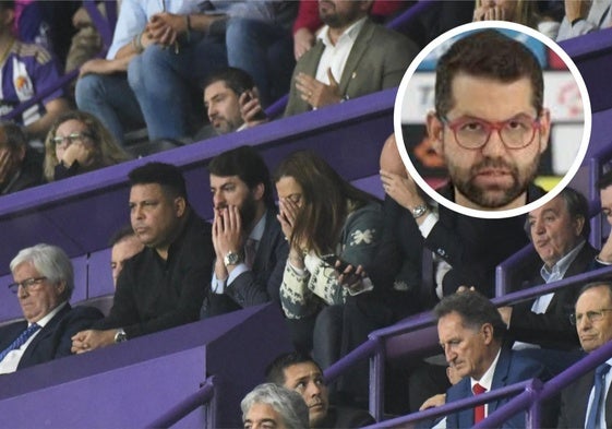 Ronaldo, en el palco en el Real Valladolid-Getafe que acabó en descenso en junio 2023; en detalle, la imagen de Gabriel Solares.