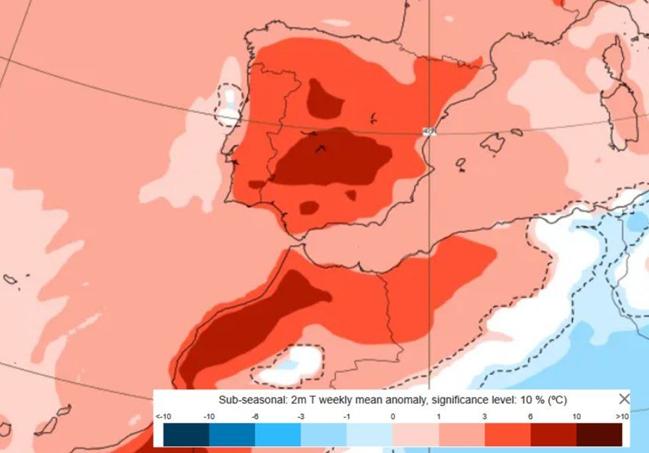 Mapa de la Aemet en que se muestra la anomalía de las temperaturas máximas para los próximos días.
