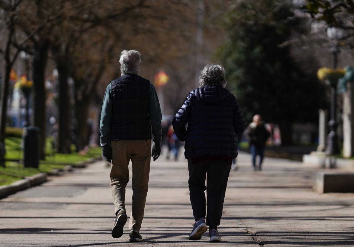Una pareja de jubilados pasea por la calle.