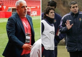 Alfredo Merino, en Anduva esta temporada. A la derecha, en 2006, como técnico del Pucela, con Víctor.