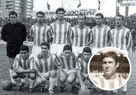 Una formación blanquivioleta de la temporada 1965-66. De pie: Aguilar, Panchulo, Díaz, Fernández, Fernando Redondo y Marañón. Agachados: Robert, Varillas, Tejedor, y Luis García. En detalle, imagen de Tejedor de blanquivioleta.