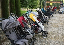 Carritos de bebé aparcados en un parque de la provincia de Segovia.