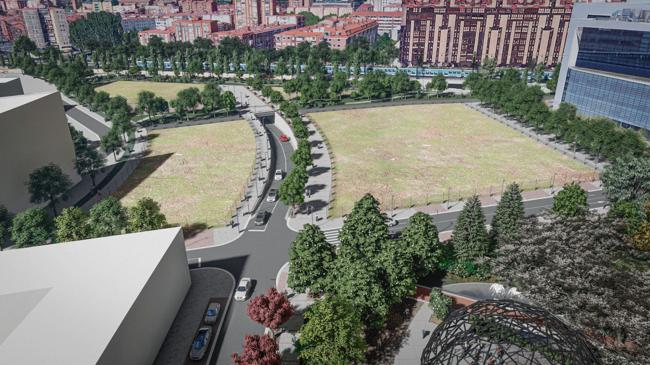 Imagen después - La vía de Ariza se transforma en un paseo que engancha con el parque de Las Norias. A la derecha, la Tesorería General de la Seguridad Social.