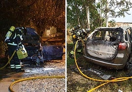 Los Bomberos de la Diputación de Valladolid sofocan los incendios en los vehículos.
