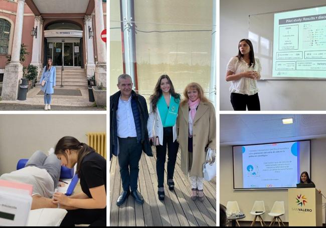 Foto 1.- Estancia en Roma, en el UR Proteomics Lab del IRCCS Fondazione G.B. Bietti. Foto 2.- Evaluaciones clínicas durante la realización de un estudio. Foto 3.- Con sus padres en la graduación de carrera. Foto 4.- Presentación en un seminario del grupo de investigación i+HeALTH de la UEMC. Foto 5.- Comunicación oral en la I Jornada científico-innovadora sobre promoción del estilo de vida en población oncológica de REFICON.