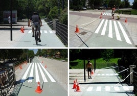 Distintos modelos de pasos de cebra pintados sobre el nuevo carril bici en el tramo inicial entre los puentes Mayor y de Poniente.