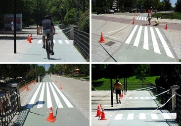 Distintos modelos de pasos de cebra pintados sobre el nuevo carril bici en el tramo inicial entre los puentes Mayor y de Poniente.