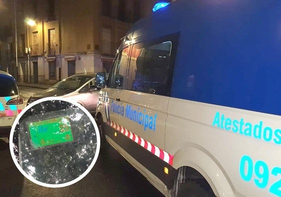 Imagen de un control de la Policía Municipal de Valladolid. En el círculo, la pegatina intervenida.