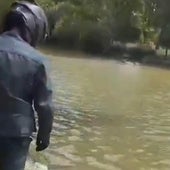 Un agente realiza comprobaciones en el Canal de Castilla a su paso por Villanueva de San Mancio.