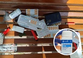 Cóctel de medicamentos hallados en un banco del paseo del Cauce. En el círculo, un bote de Trankimazin.