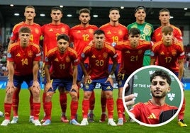 Once de la sub 21 ante Italia, con Moro segundo por la izquierda abajo. En miniatura selfie del blanquivioleta tras su MVP.
