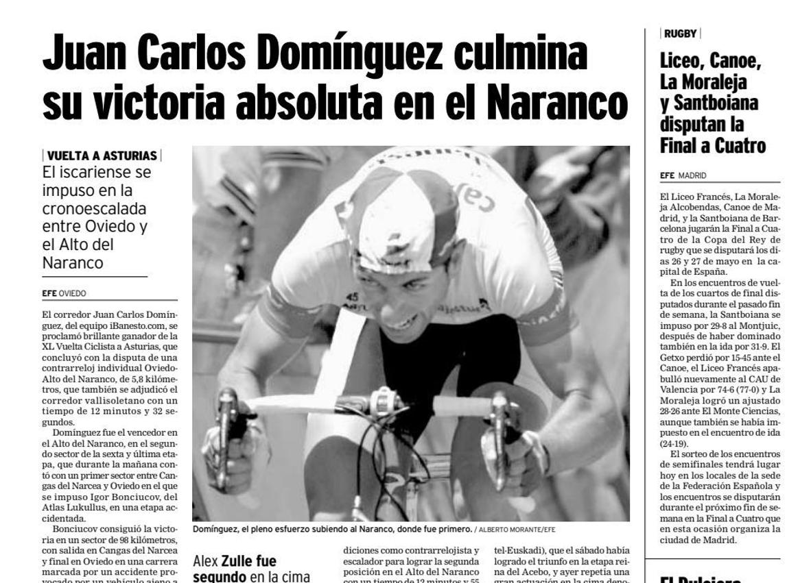 Imagen secundaria 1 - La portada del 12 de mayo de 2002, cuando vistió la maglia rosa; en 2001, con su victoria en el Naranco, y en 2006, en el anuncio de su retirada.