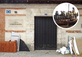 Materiales de obra en la entrada al restaurante La Maruquesa de la calle Canal. Arriba, en detalle, la intervención de los Bomberos durante el incendio que afectó a la cubierta en diciembre.