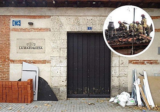 Materiales de obra en la entrada al restaurante La Maruquesa de la calle Canal. Arriba, en detalle, la intervención de los Bomberos durante el incendio que afectó a la cubierta en diciembre.