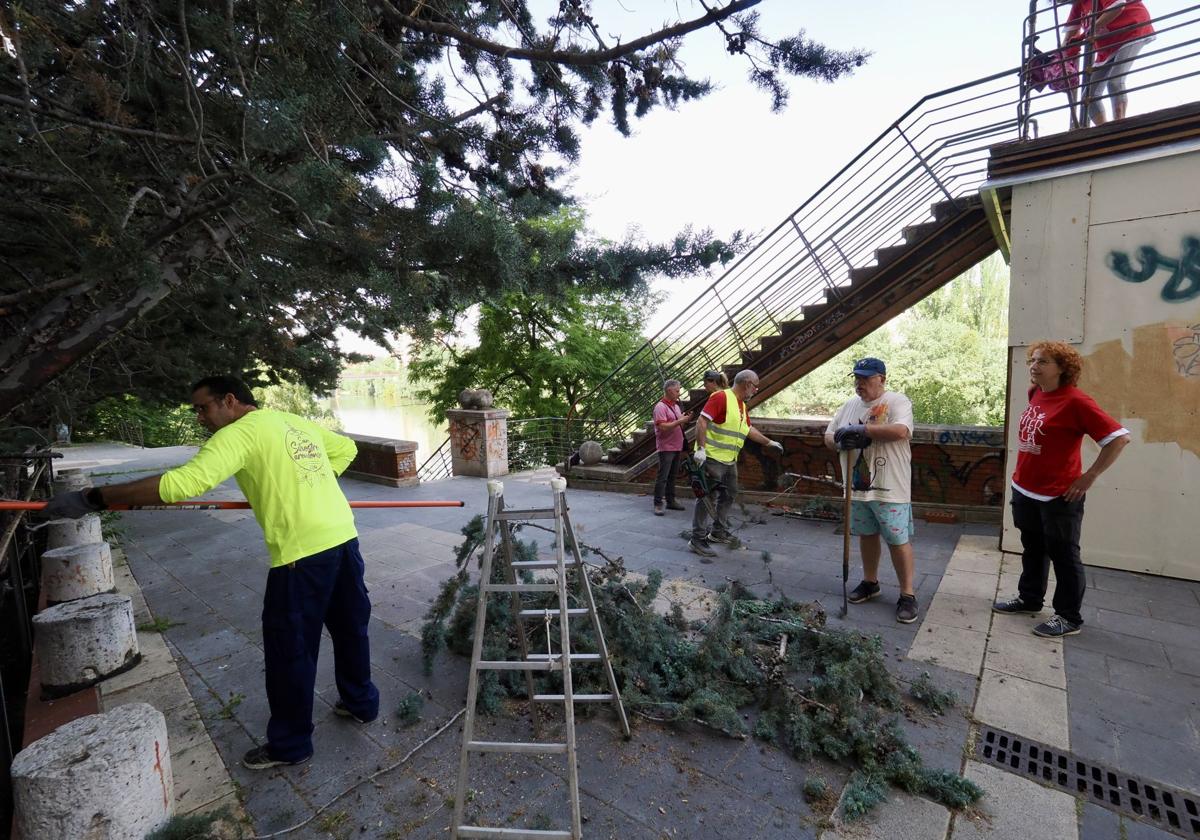 La asociación A. M. A El Pisuerga limpia el nuevo mirador sobre el río
