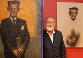 Carlos Muñoz de Pablos, entre las dos obras.