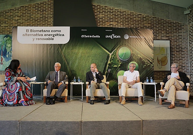 Susana Gutiérrez (moderadora), Javier Díaz (presidente de Avebiom), David García (director de Desarrollo de Proyectos de Verdalia Bioenergy), Pedro Matarranz (UPA Segovia) y Fernando Suárez (miembro de honor de Aebig).