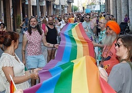 Las banderas arcoirís protagonizan la protesta en la Calle Mayor de Palencia.