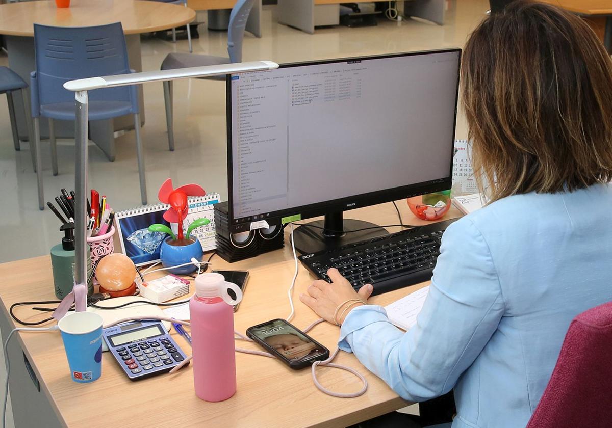 Empleada del Ayuntamiento de Segovia lleva a cabo su trabajo con la ayuda de un ordenador.