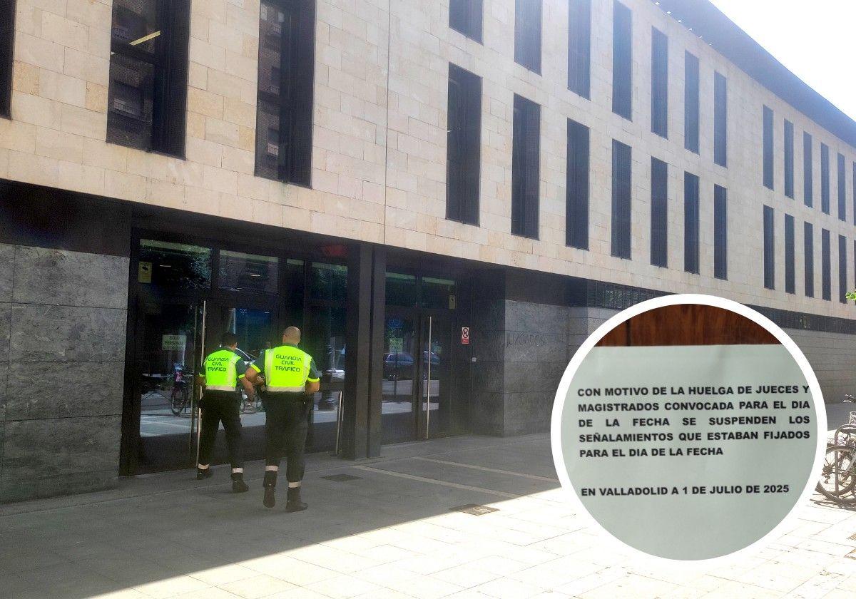 Dos guardias civiles entran este martes en la sede de Angustias. En el círculo, cartel anunciador de la suspensión de los juicios.