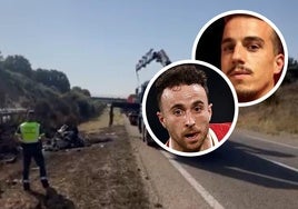 El vehículo calcinado en el que viajaban los hermanos futbolistas; en los círculos, a la izquierda, Diogo Jota; a la derecha, su hermano André Felipe.
