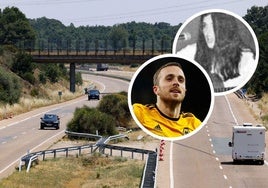 La autovía de las Rías Bajas, en el lugar donde tuvo el accidente de Diogo Jota. Arriba, el futbolista y la cantante Cecilia.