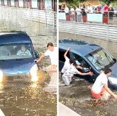 Los vecinos empujan una furgoneta, con el conductor dentro, atrapada bajo el puente de la avenida de la Constitución de Medina del Campo.