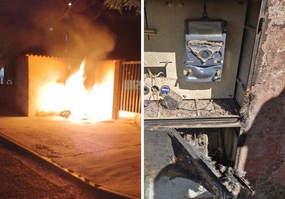 A la izquierda, las llamas devoran el contenedor junto al colegio; a la derecha, el cuadro eléctrico destruido.