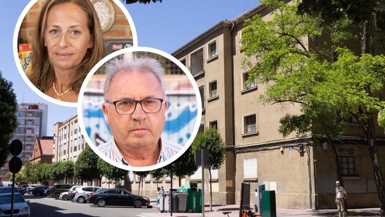 Exterior del cuartel de Vadillos. En detalle, la hostelera Blanca María Pérez y el vecino Ambrosio Tordable.