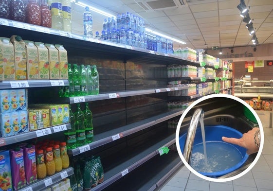 Estanterías de agua embotellada vacías en un supermercado de Tudela. En detalle, una vecina señala el regreso del suministro.
