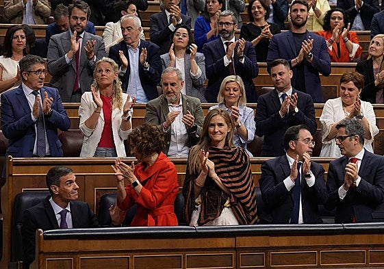 El presidente del Gobierno, Pedro Sánchez (abajo-i), es aplaudido durante el pleno extraordinario este miércoles, en el Congreso.