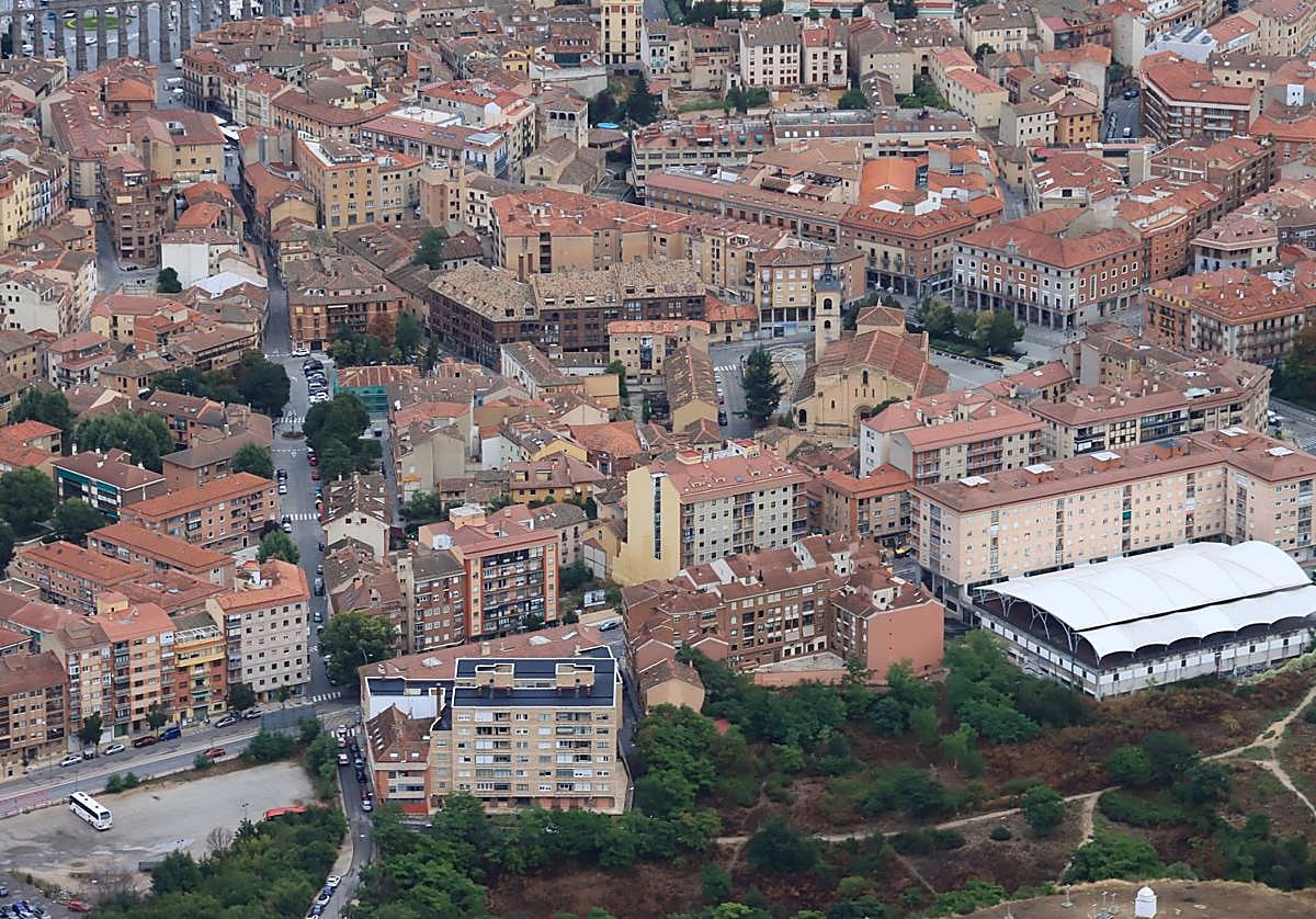 Vista aérea del sector del Velódromo, con la estación de autobuses a la derecha.