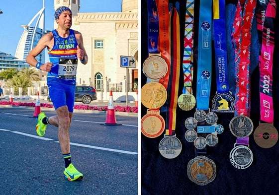 El palentino Rubén Martínez en el maratón de Dubai y detalle de las medallas conseguidas en todas las pruebas.