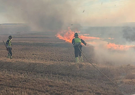 Los bomberos de la Diputación de Valladolid trabajan en la extinción del incendio.