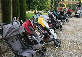 Varios carritos de bebé, en hilera junto a un parque.