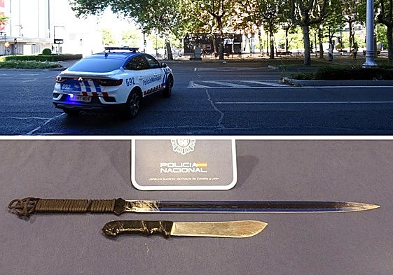 Una patrulla de la Policía Local, en la plaza de Juan de Austria. Debajo, las armas blancas intervenidas a los sospechosos.