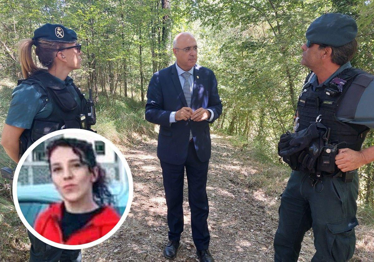 El subdelegado del Gobierno, Jacinto Canales, este lunes con la Guardia Civil en Peñafiel. En el círculo, la desaparecida, Noemí Borja.
