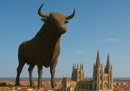 Recreación de la escultura de un toro de 300 metros de altura en Burgos realizada con inteligencia artificial.