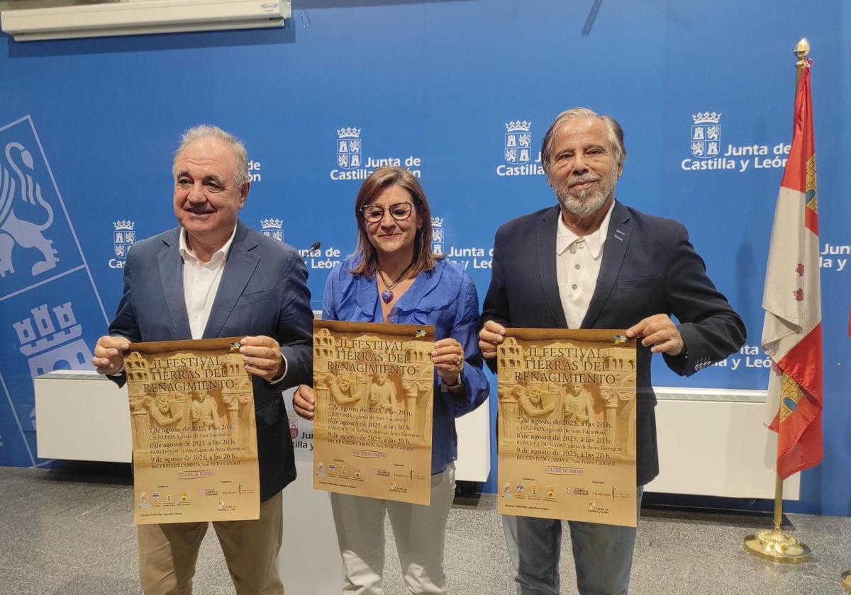 Presentacion del festival con el delegado de la Junta, a la izquierda, la presidenta de la Fundación Cardenal Cisneros y el director de Tierras del Renacimiento, este jueves.