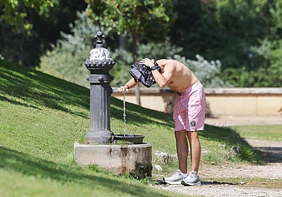 Un joven se refresca en una fuente de Valladolid.