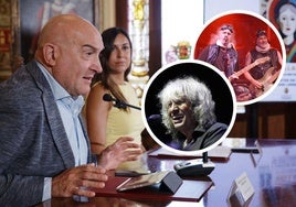 El alcalde, Jesús Julio Carnero, y la concejala de Turismo, Blanca Jiménez, durante la presentación de las fiestas. A la derecha, José Mercé y Barón Rojo.