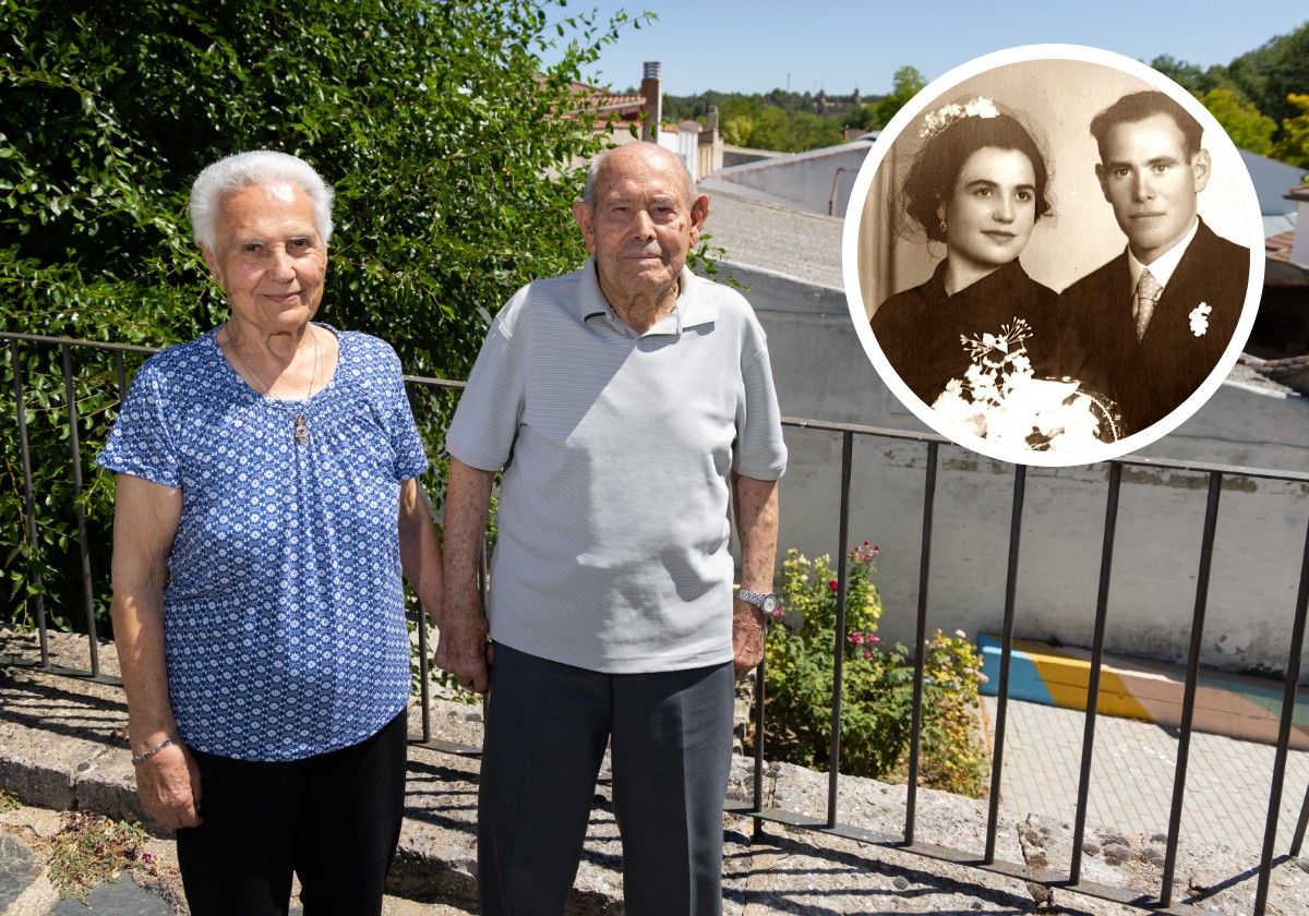 Pilar Duque y Cipriano Rodríguez posan al lado de su casa de La Santa Espina. En detalle, la foto de la boda.