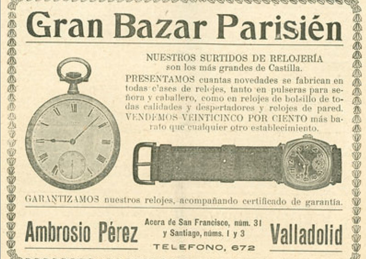 Imagen secundaria 1 - Arriba, la Acera de San Francisco con el Bazar Parisien a la derecha. Abajo, publicidad del negocio y Pablo Pérez, el primer detenido por el robo.